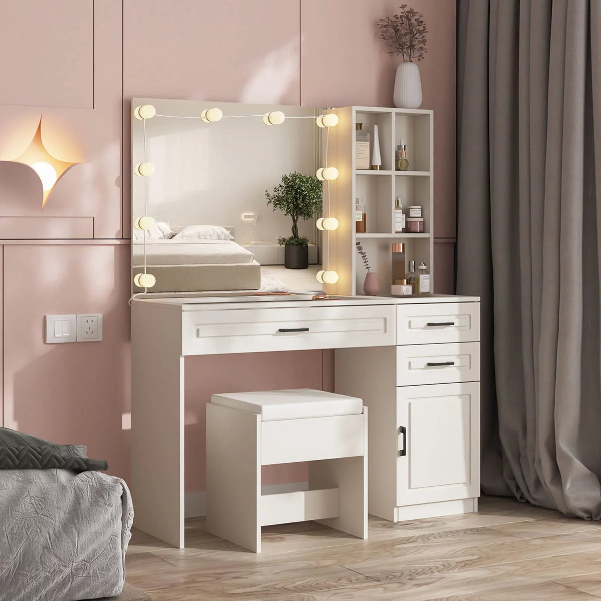 White 45in Vanity Desk Set with Lighted Mirror and Glass Desktop C835