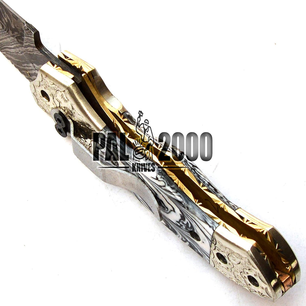 Handmade Damascus Steel Folding Pocket Hunting Knife with Sheath C199074