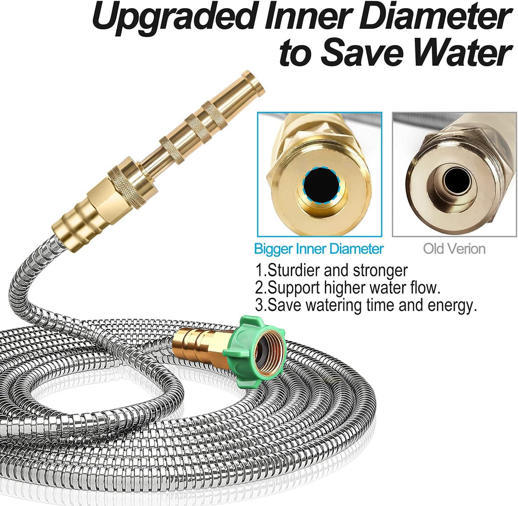 Steel Metal Garden Hose 100FT Heavy Duty Lightweight 304 Stainless Steel Water Hose with Brass Nozzle, Silver Pack of 2 R237