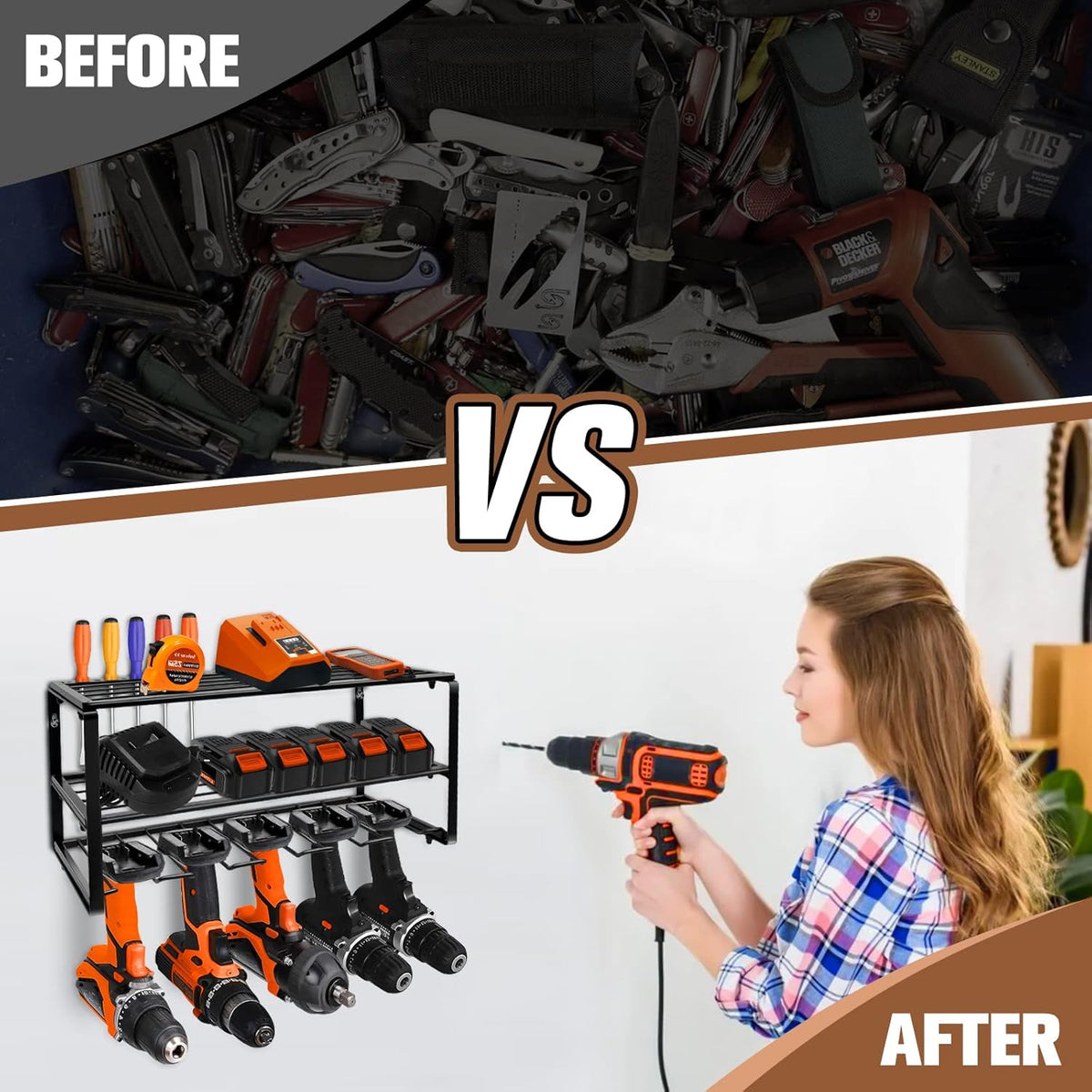 Wall Mounted Tool Storage Rack with Drill Holder, Pack of 2 E455582