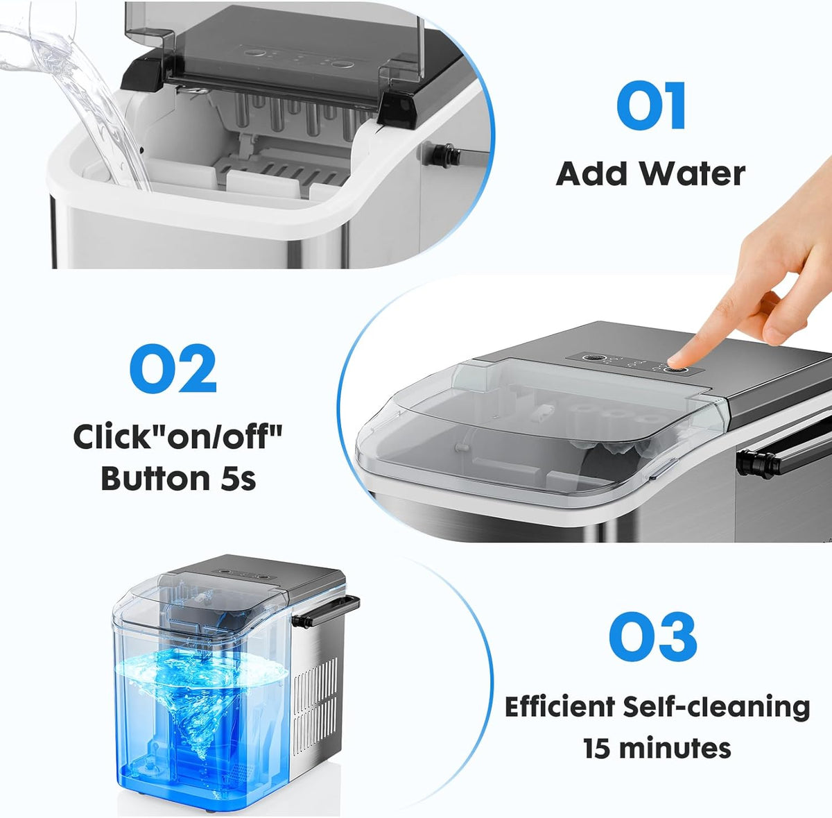 Countertop Stainless Steel Portable Ice Maker with Handle, Scoop and Basket, 9 Pcs Bullet Ice P813