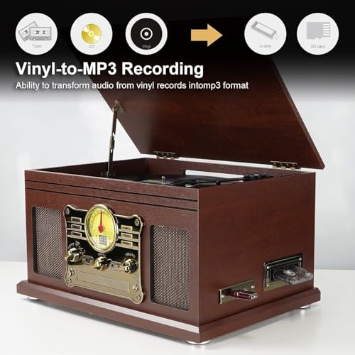 Mahogany Bluetooth Turntable with Speakers Z3813