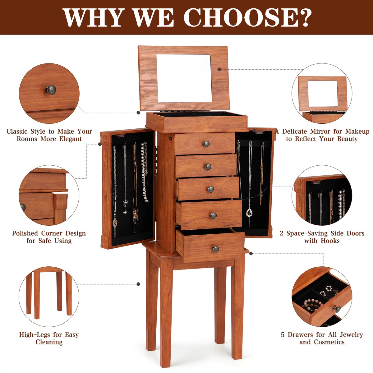 Jewelry Cabinet Armoire & Storage Organizer 5 Drawers S730