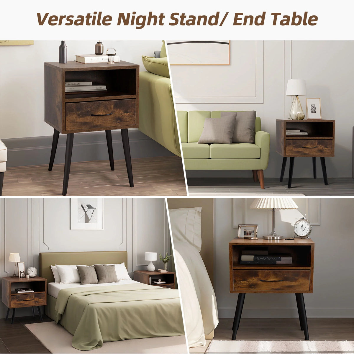 Set of 2 Nightstand with Drawer and Shelf, Wood Frame and Metal Legs, Brown K82136