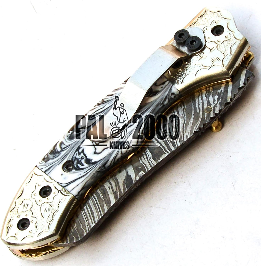 Handmade Damascus Steel Folding Pocket Hunting Knife with Sheath C199074