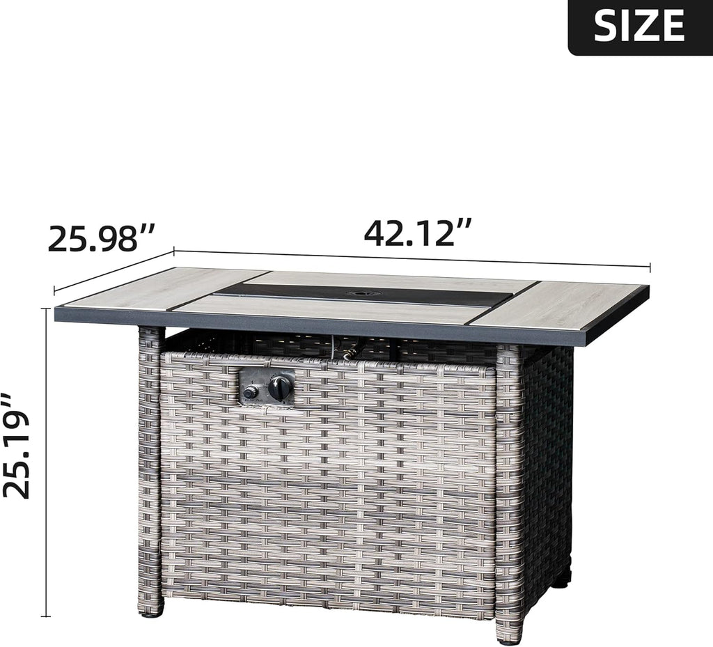 42 inch Outdoor Rectangle Propane Fire Pit Table with Lid, Grey Wicker L5314