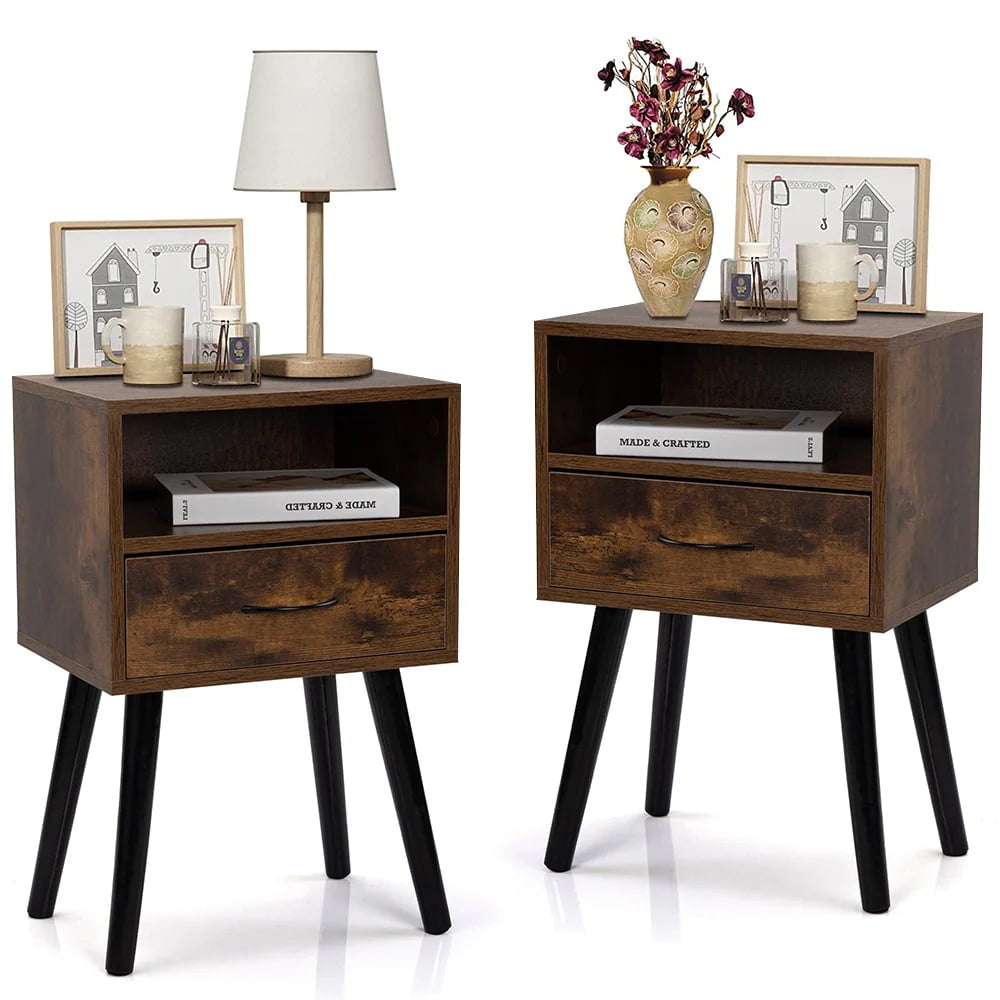 Set of 2 Nightstand with Drawer and Shelf, Wood Frame and Metal Legs, Brown K82136
