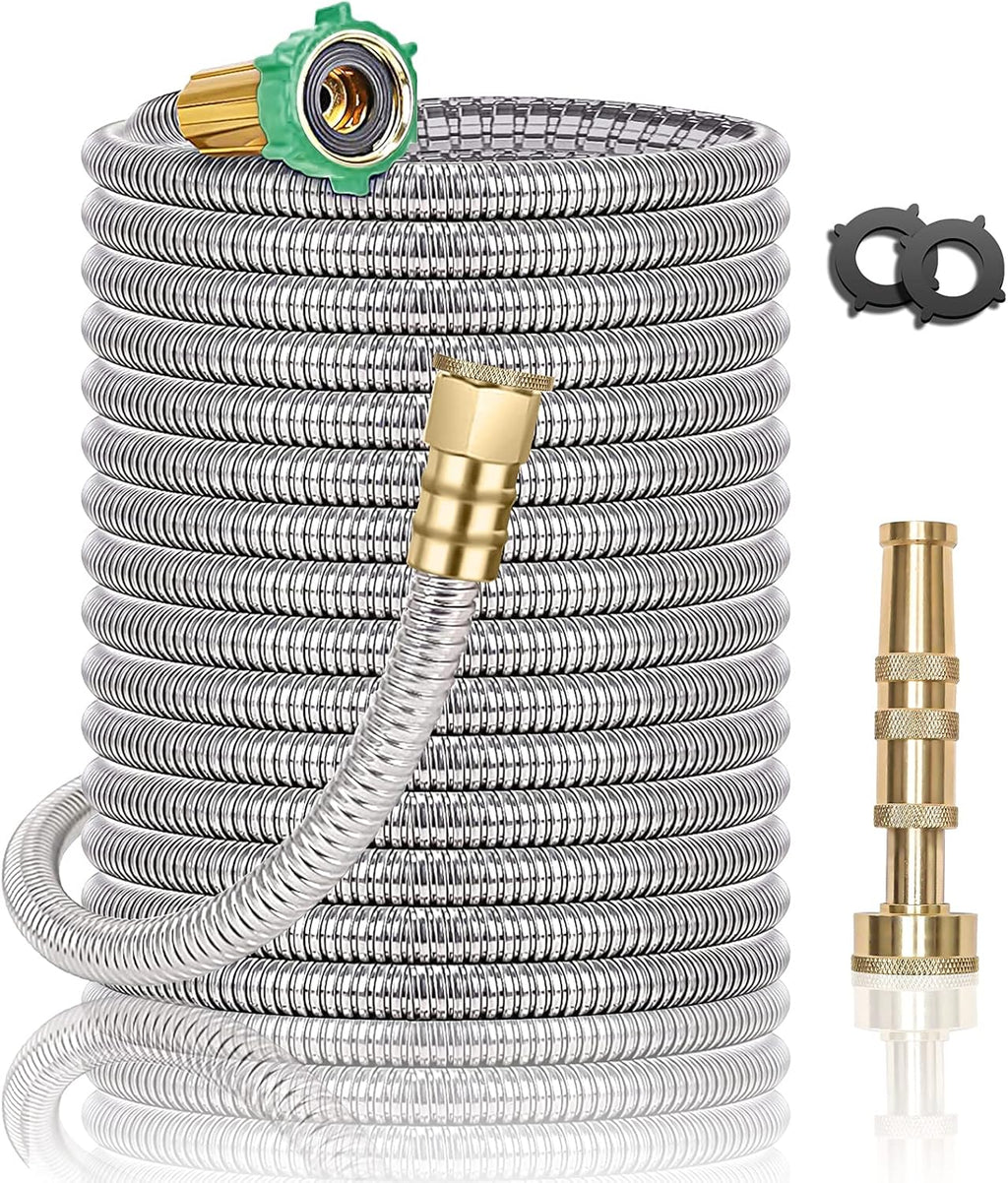 Steel Metal Garden Hose 100FT Heavy Duty Lightweight 304 Stainless Steel Water Hose with Brass Nozzle, Silver Pack of 2 R237