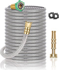 Steel Metal Garden Hose 100FT Heavy Duty Lightweight 304 Stainless Steel Water Hose with Brass Nozzle, Silver Pack of 2 R237