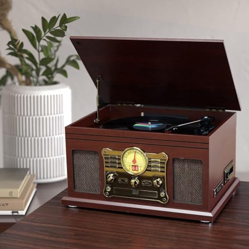 Mahogany Bluetooth Turntable with Speakers Z3813