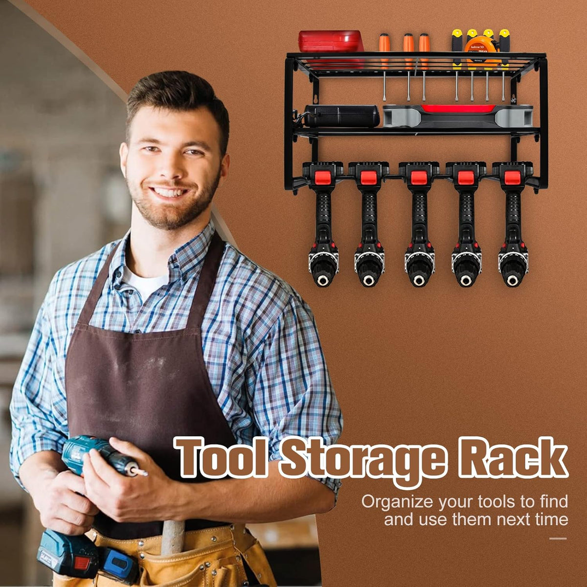 Wall Mounted Tool Storage Rack with Drill Holder, Pack of 2 E455582