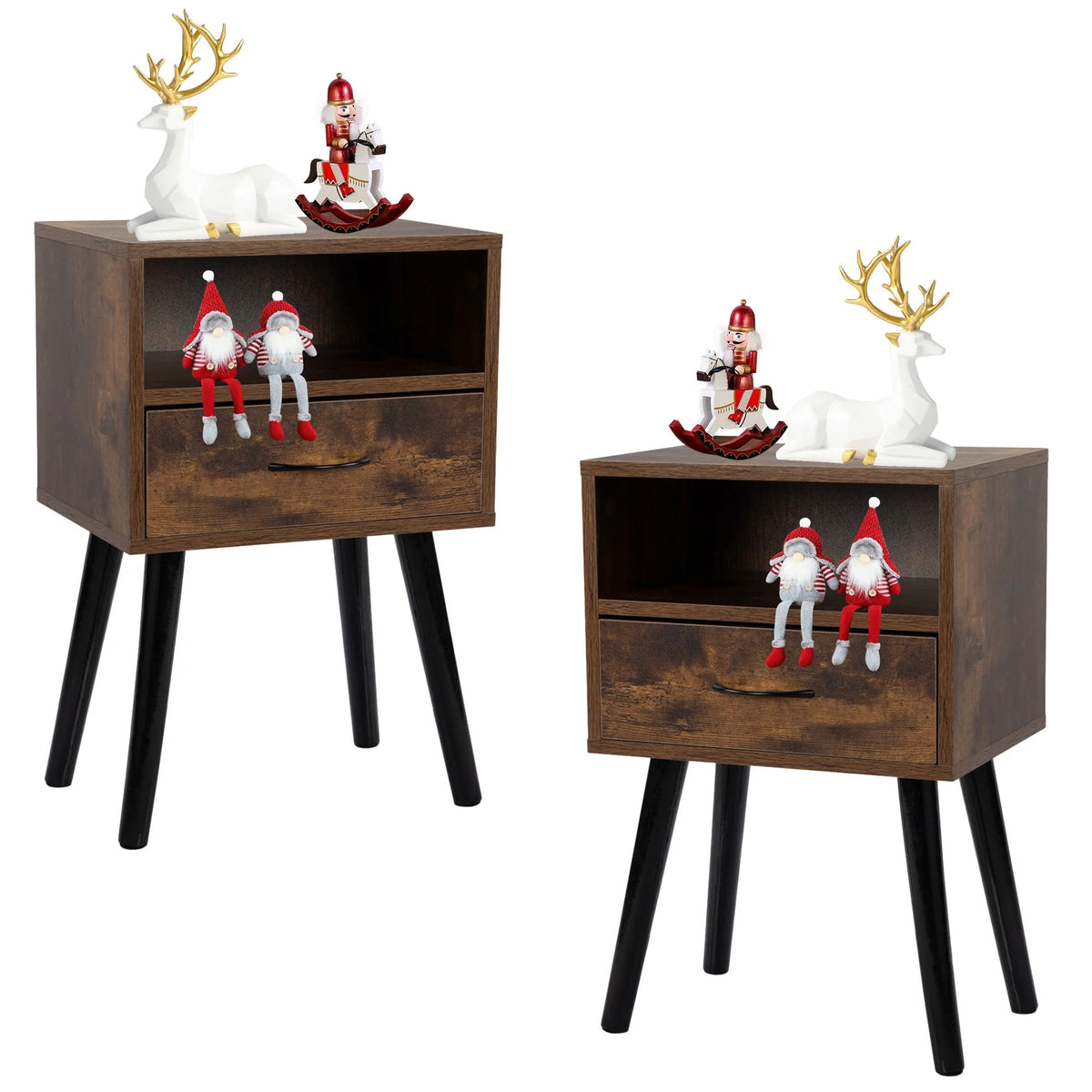Set of 2 Nightstand with Drawer and Shelf, Wood Frame and Metal Legs, Brown K82136