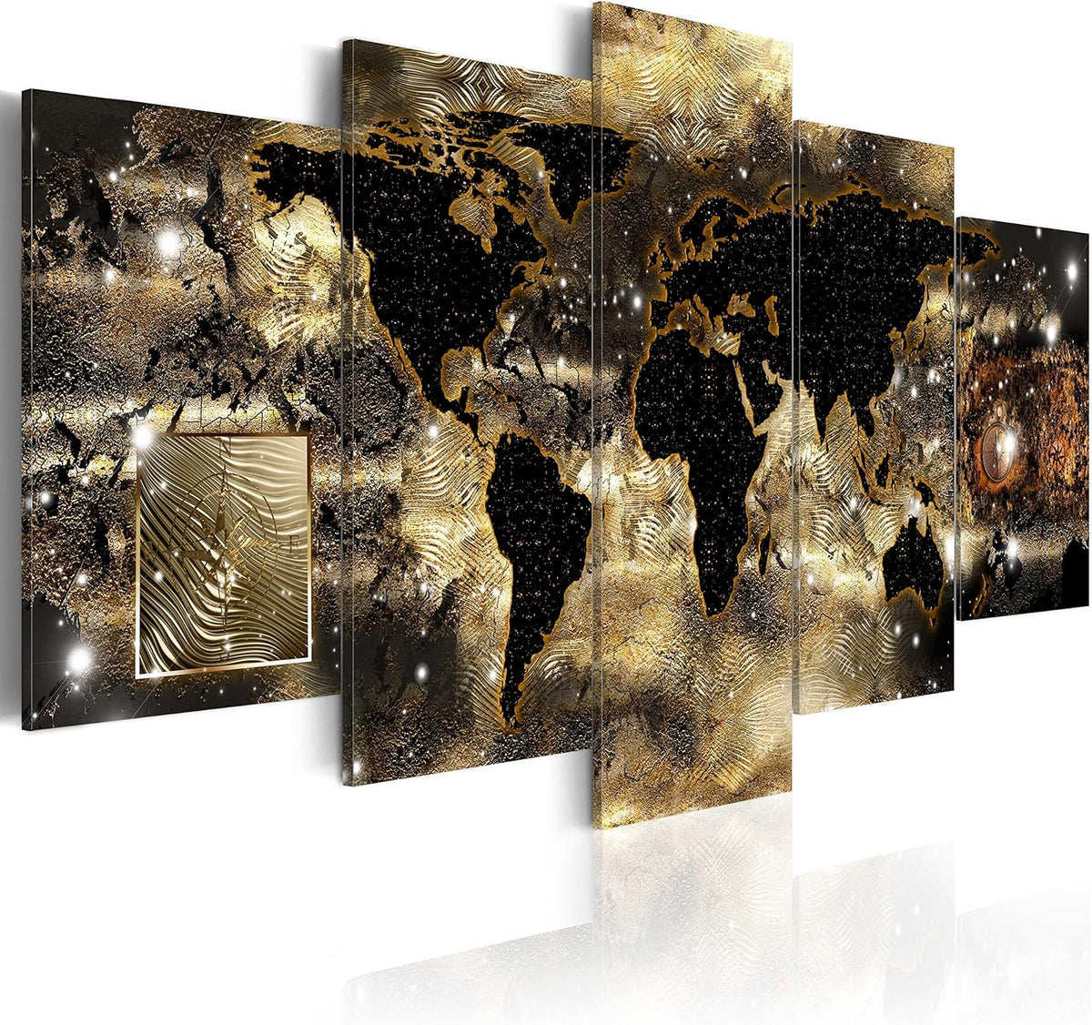 World Map Canvas Wall Art Gold Picture Modern Painting Compass Continents Bronze Artwork Framed Home Decor (W60”x H30”) V147