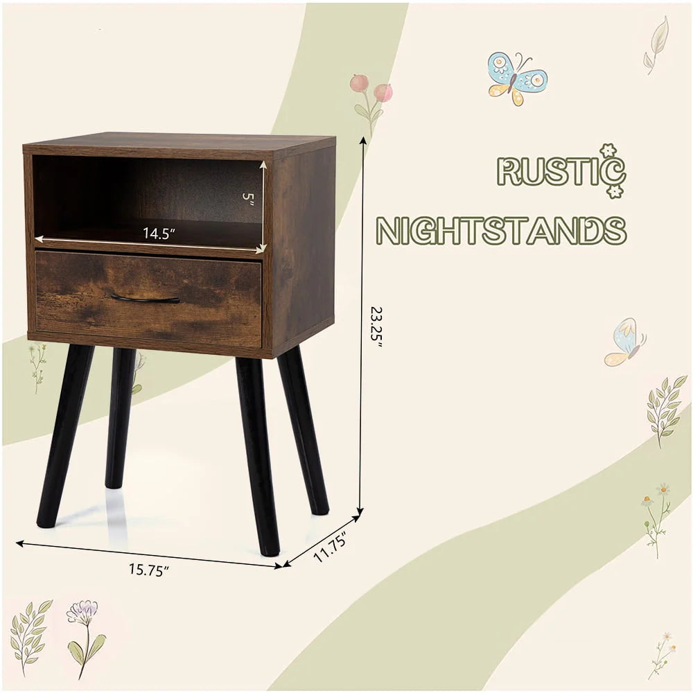 Set of 2 Nightstand with Drawer and Shelf, Wood Frame and Metal Legs, Brown K82136