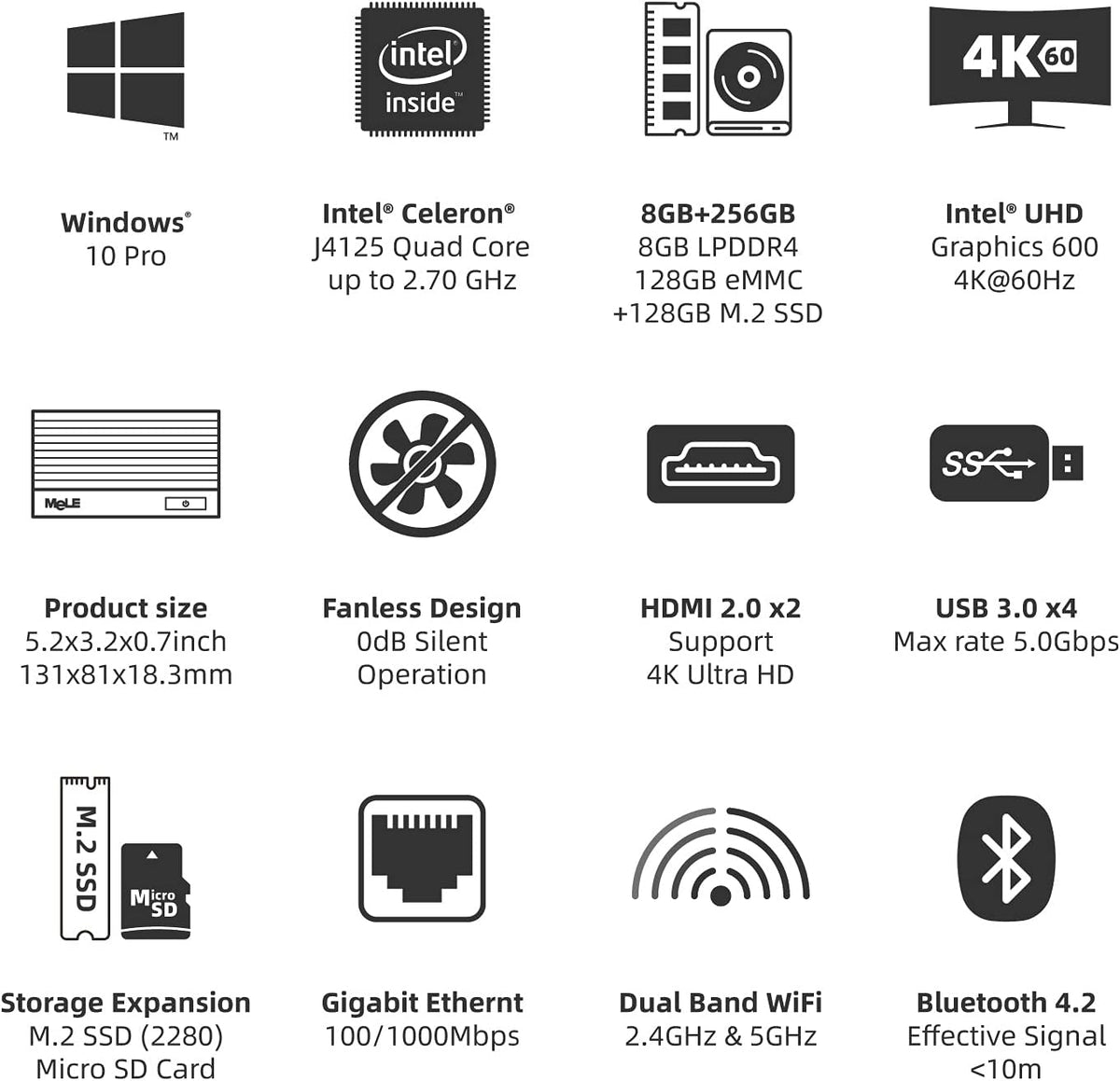 Fanless Mini PC Window11 Pro Celeron J4125 8GB/128GB Small Desktop Computer D100320