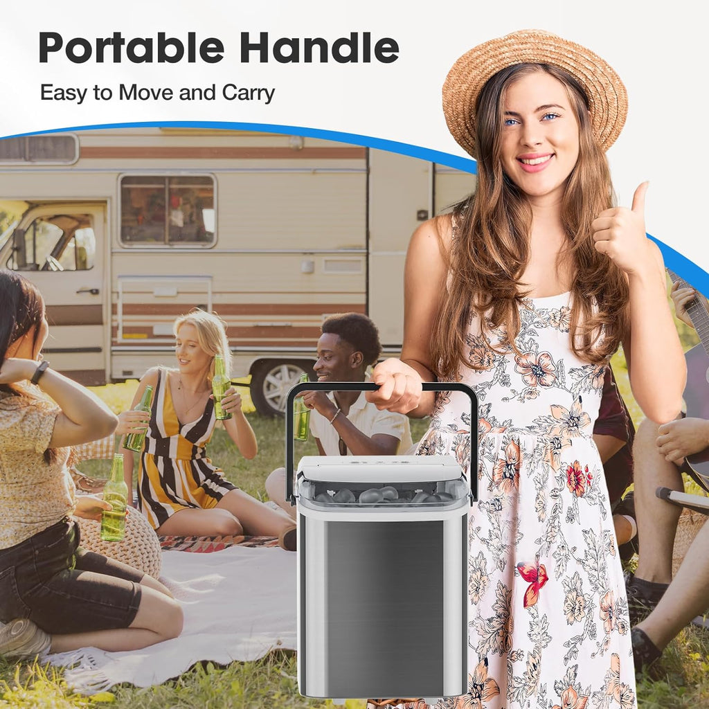 Countertop Stainless Steel Portable Ice Maker with Handle, Scoop and Basket, 9 Pcs Bullet Ice P813