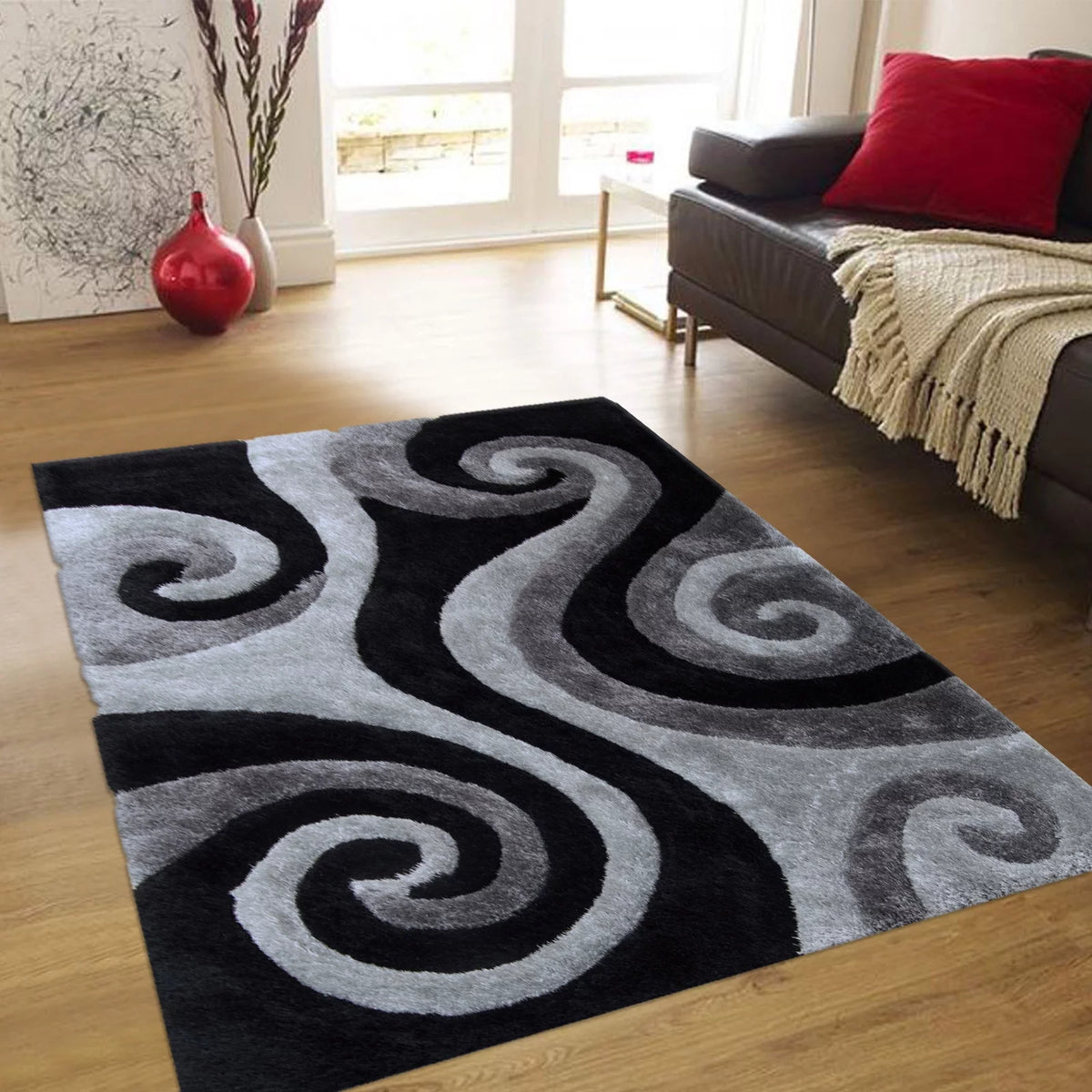 Grey Shaggy Area Rug with 3D Black Spiral Design 5' x 7' L955352
