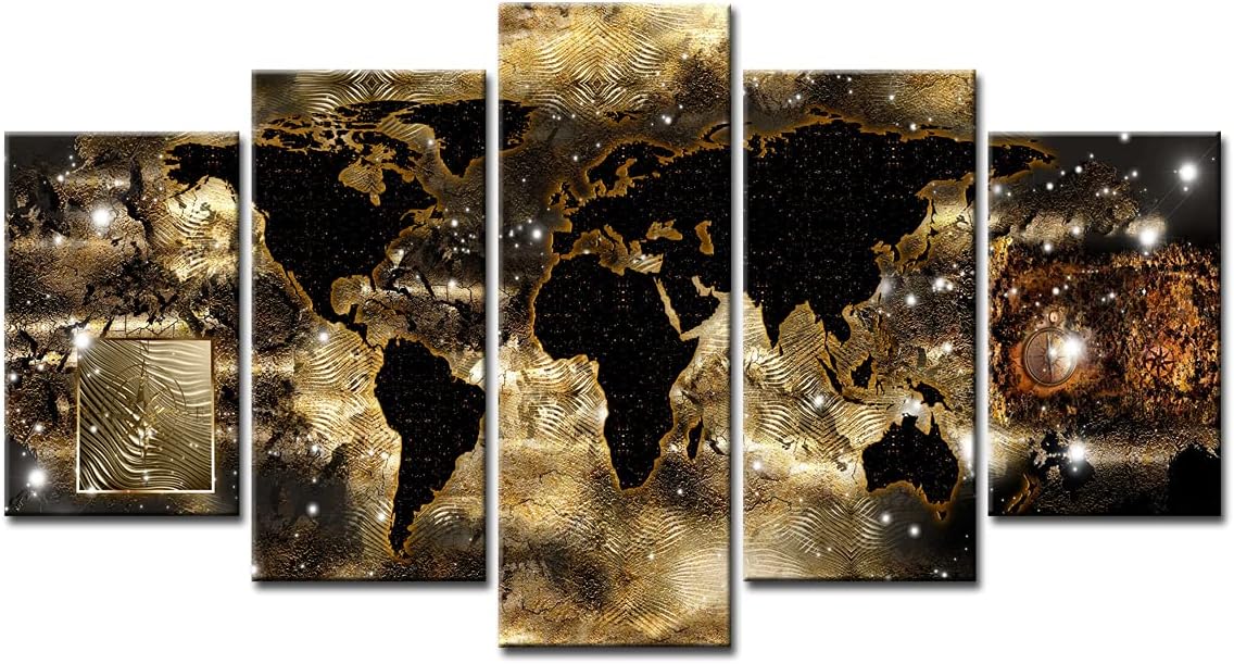 World Map Canvas Wall Art Gold Picture Modern Painting Compass Continents Bronze Artwork Framed Home Decor (W60”x H30”) V147