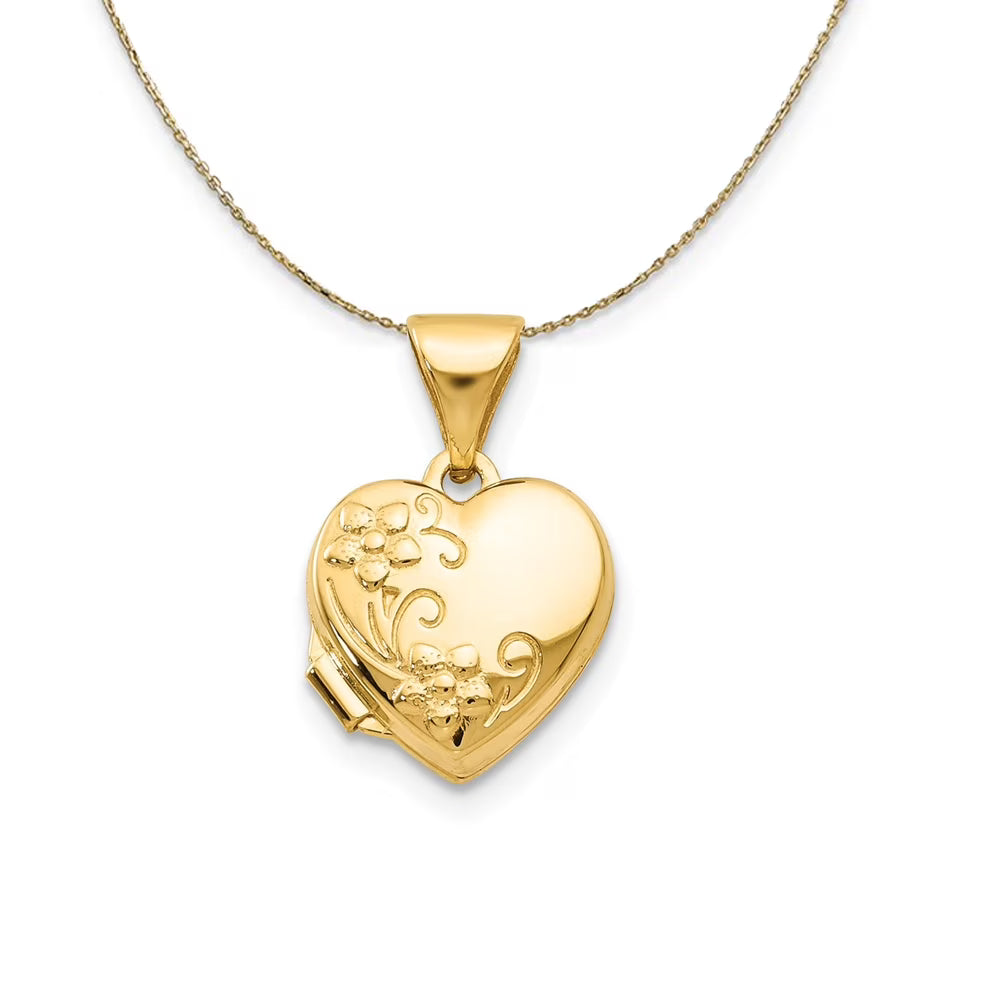 14k Yellow Gold Textured Floral Heart Locket Necklace - 18 Inch X874