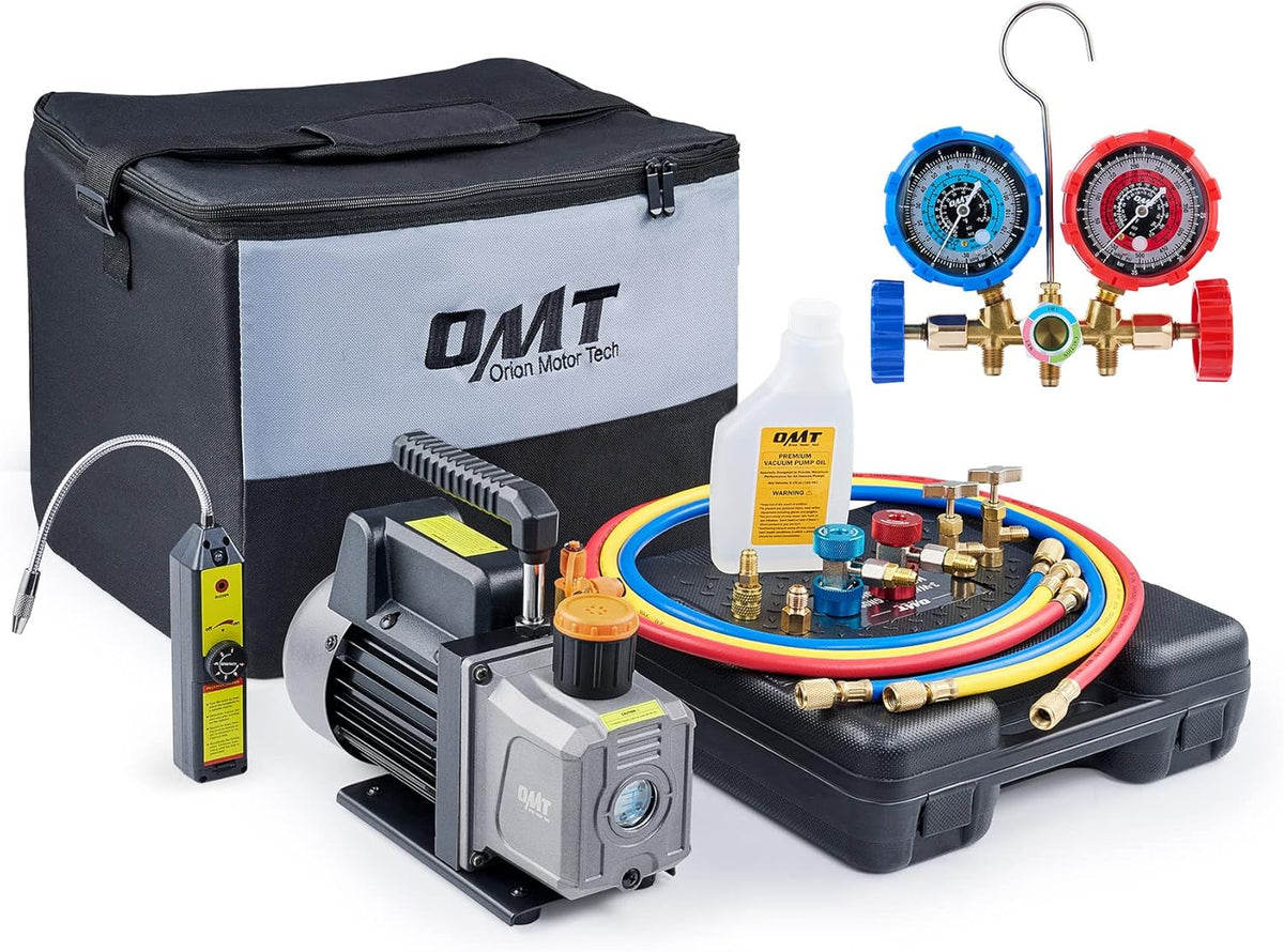 AC Vacuum Pump and Gauge Set with 4CFM Vacuum Pump, 3 Hoses, Quick Couplers, AC Gauges for R134a, R12, R22, R502 I54556