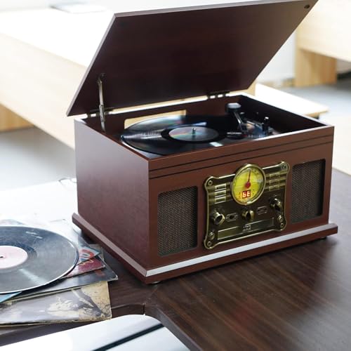Mahogany Bluetooth Turntable with Speakers Z3813