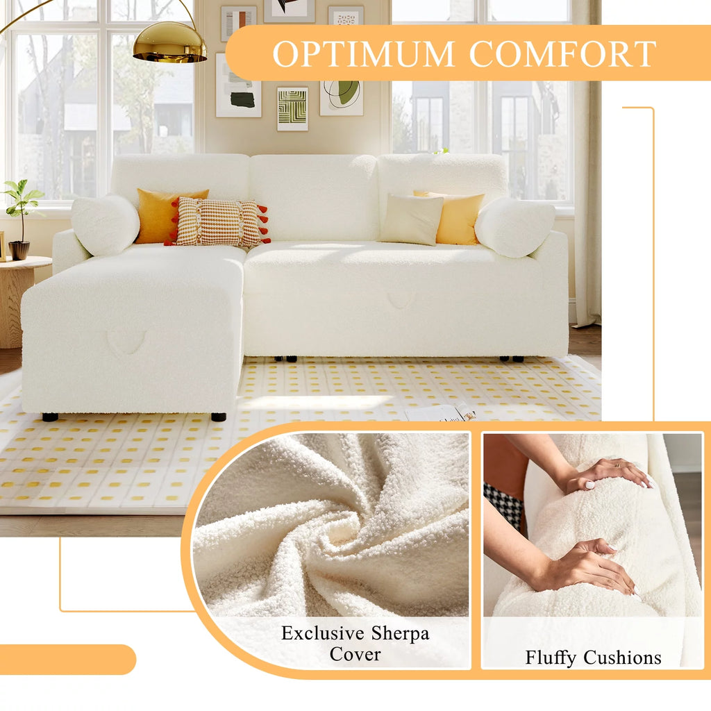 White Sherpa Sofa Bed with Storage Chaise P9501
