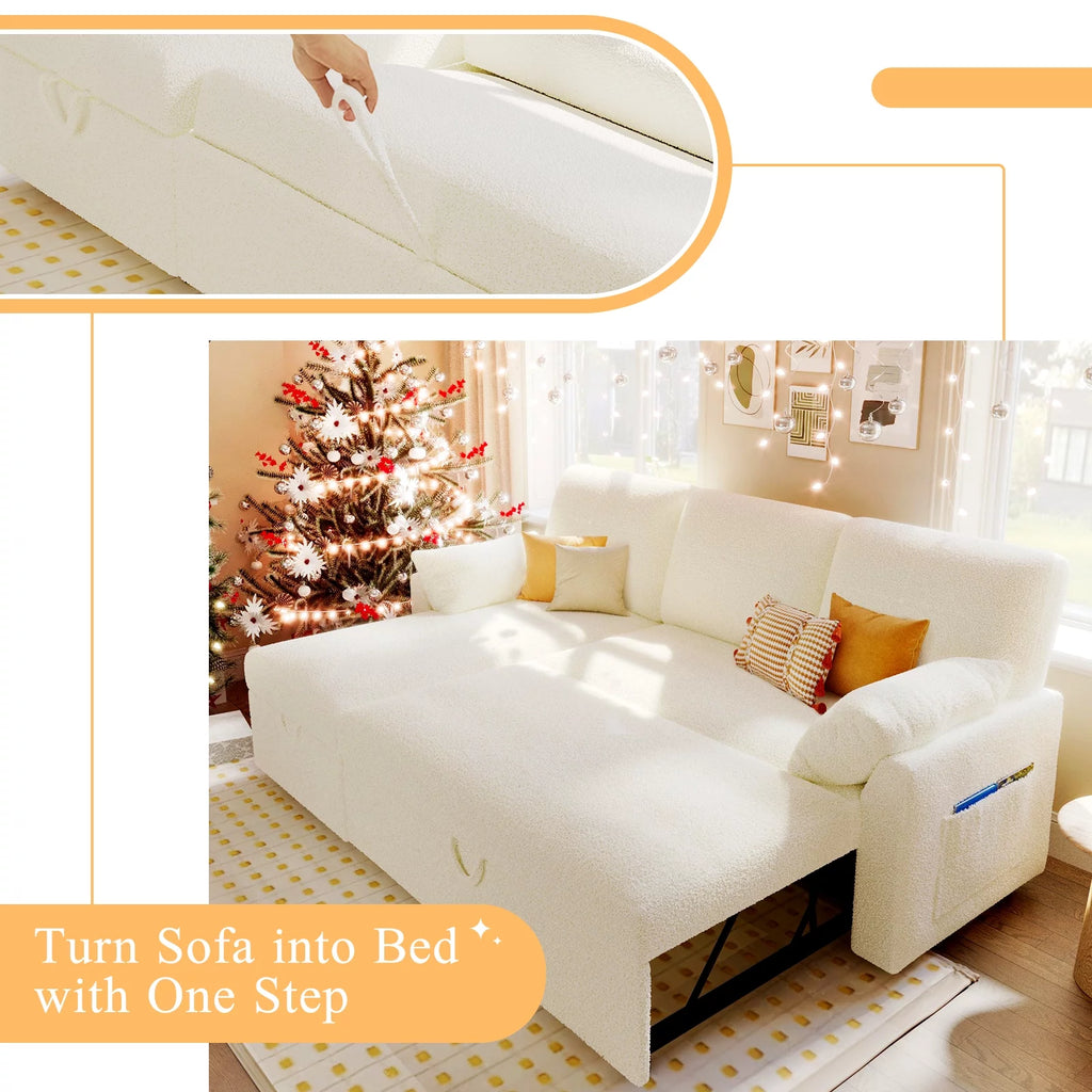 White Sherpa Sofa Bed with Storage Chaise P9501