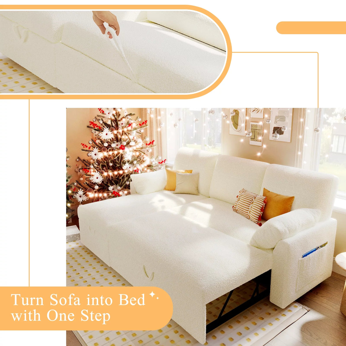 White Sherpa Sofa Bed with Storage Chaise P9501