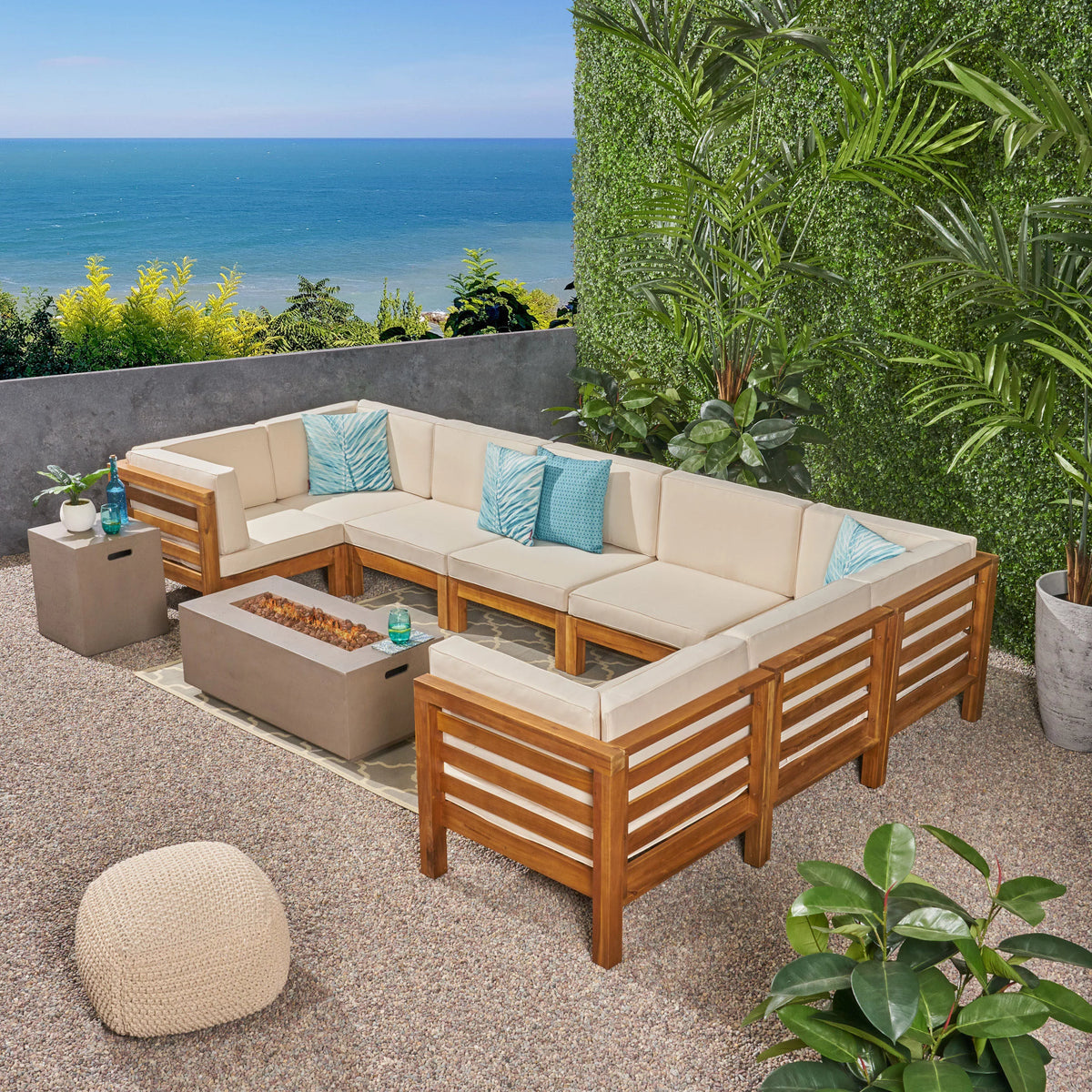 Acacia Wood 8 Seater Sectional Sofa Set with Fire Pit U998