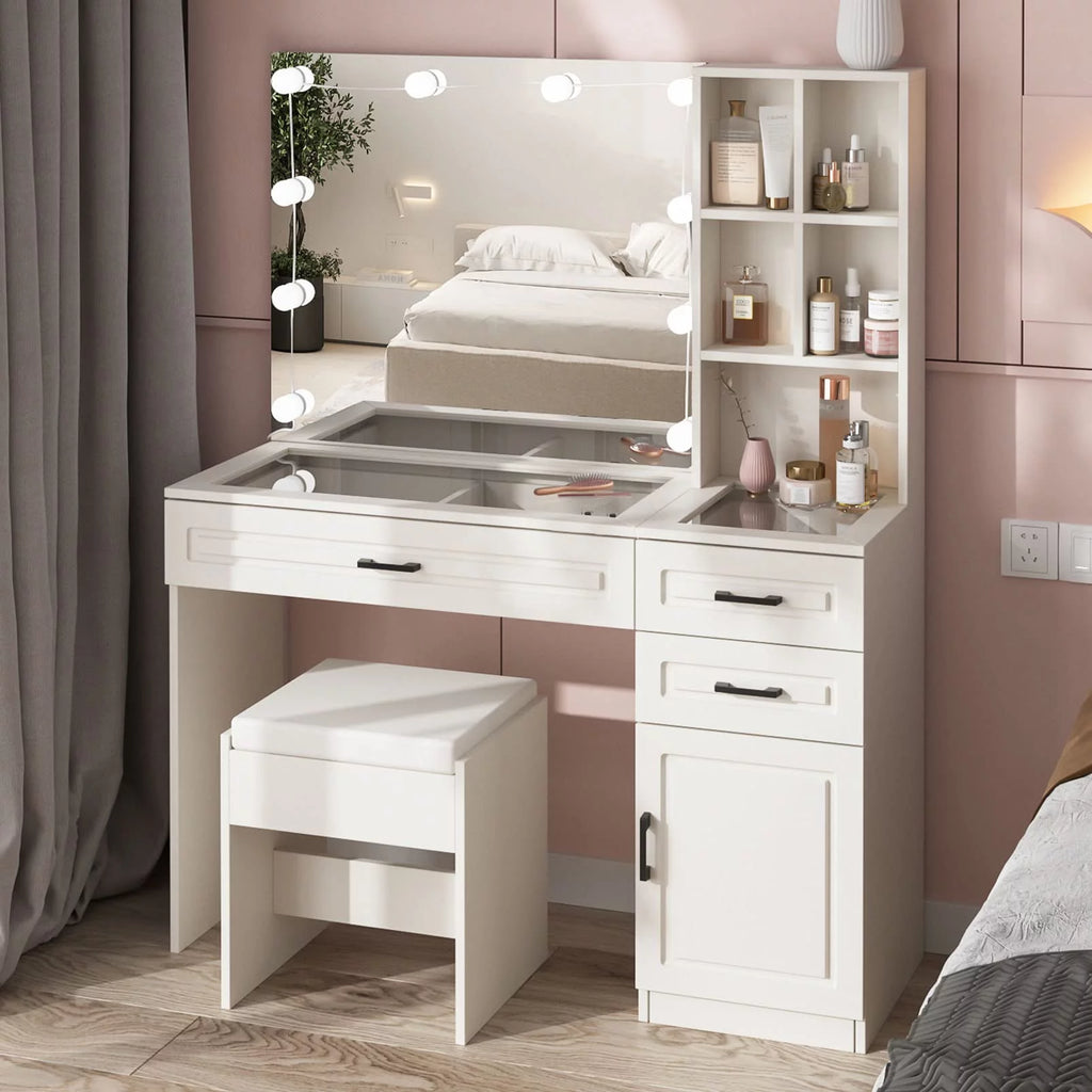 White 45in Vanity Desk Set with Lighted Mirror and Glass Desktop C835