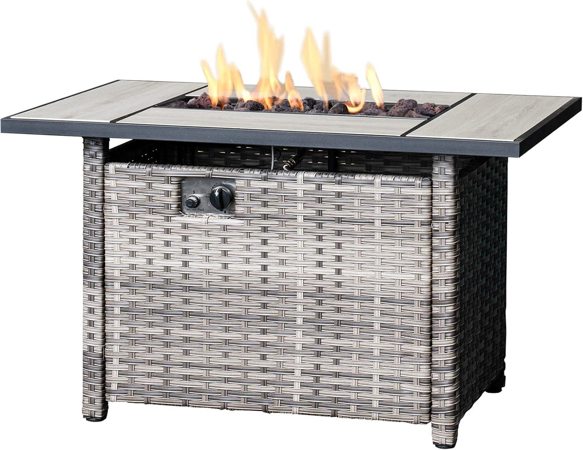 42 inch Outdoor Rectangle Propane Fire Pit Table with Lid, Grey Wicker L5314