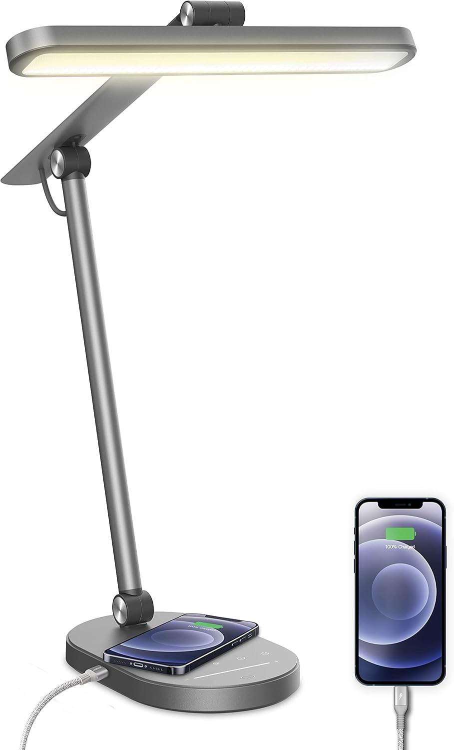 Grey LED Desk Lamp with 10W Wireless Charger, USB Port, 6 Brightness Levels H617748