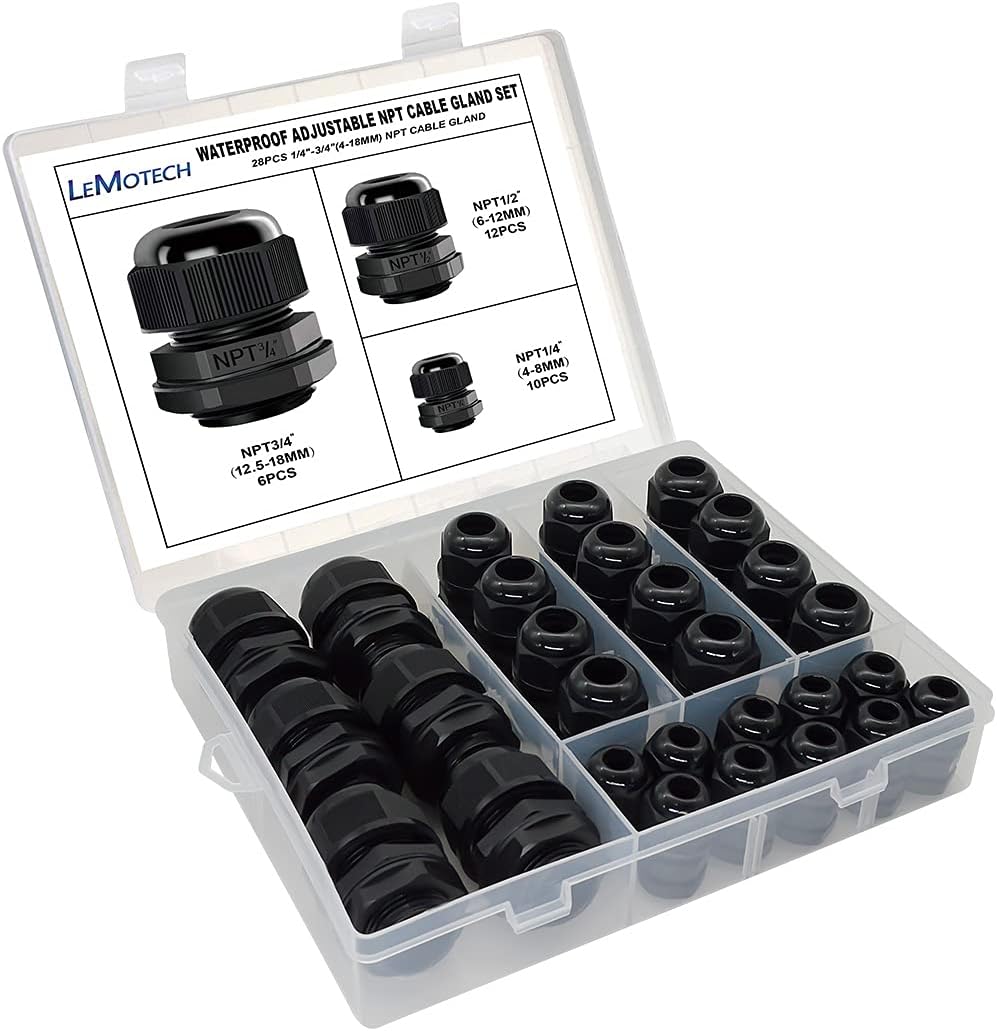 5 Pack NPT 1/2 Waterproof Adjustable Cable Glands Black Nylon Connectors K8706