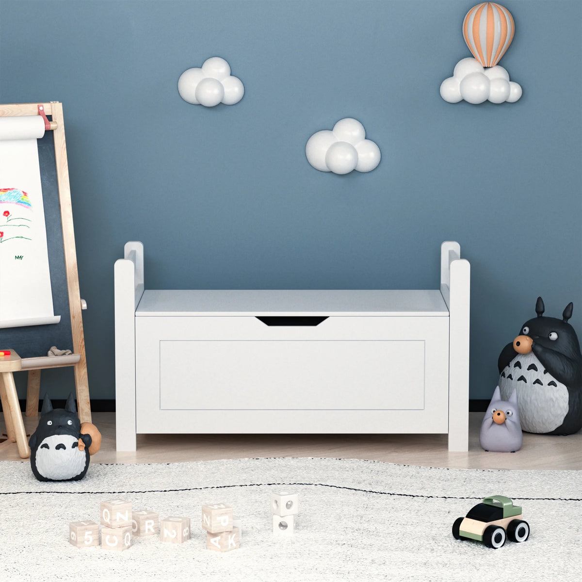 White Wooden Toy Storage Box with Safety Hinged Lid T185