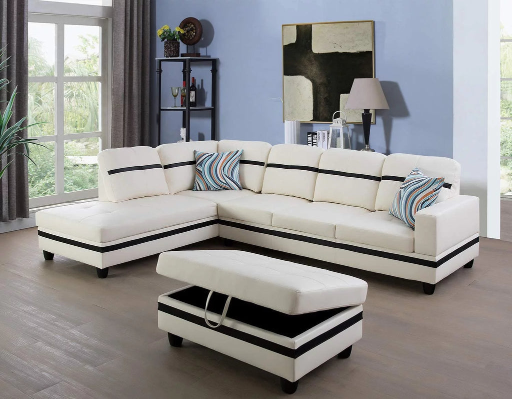 White Faux Leather L-Shaped Sectional Sofa Set J24777