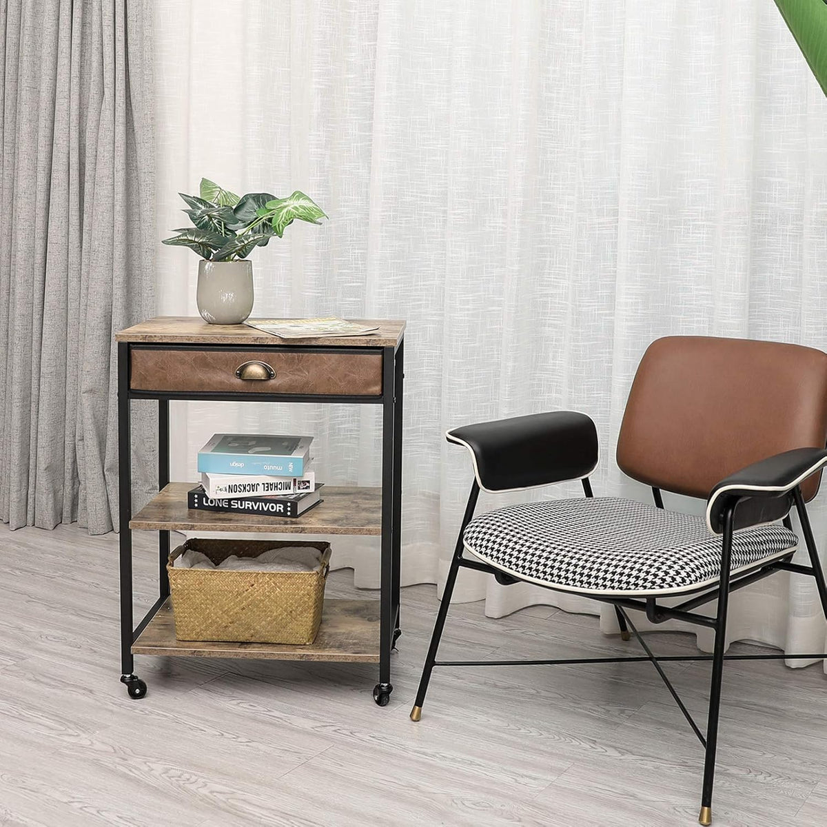 Rustic Brown 3 Tier Printer Cart with Drawer C752