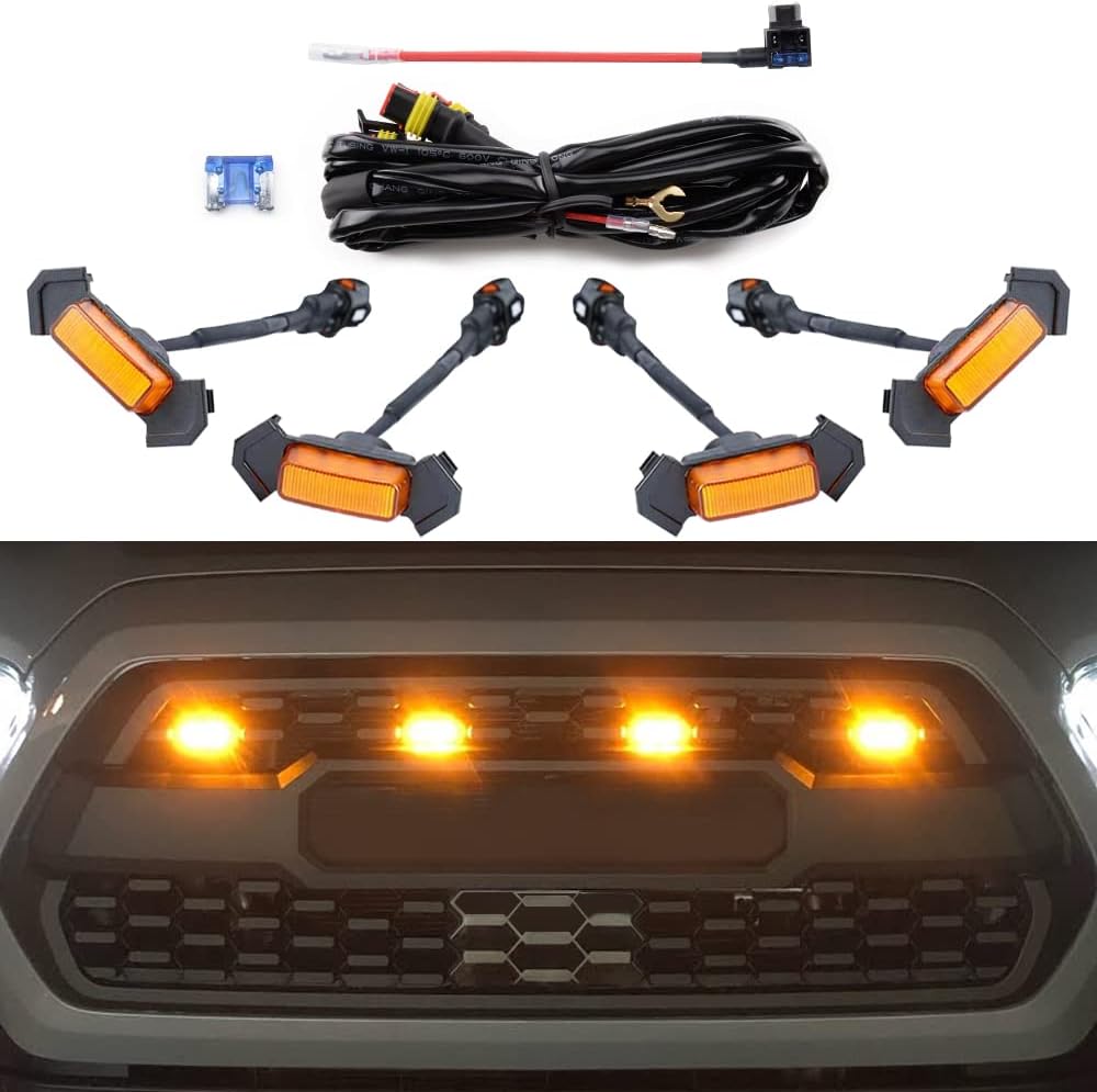 4PCS Amber LED Front Grille Lights with Fuse & Wiring Harness O433