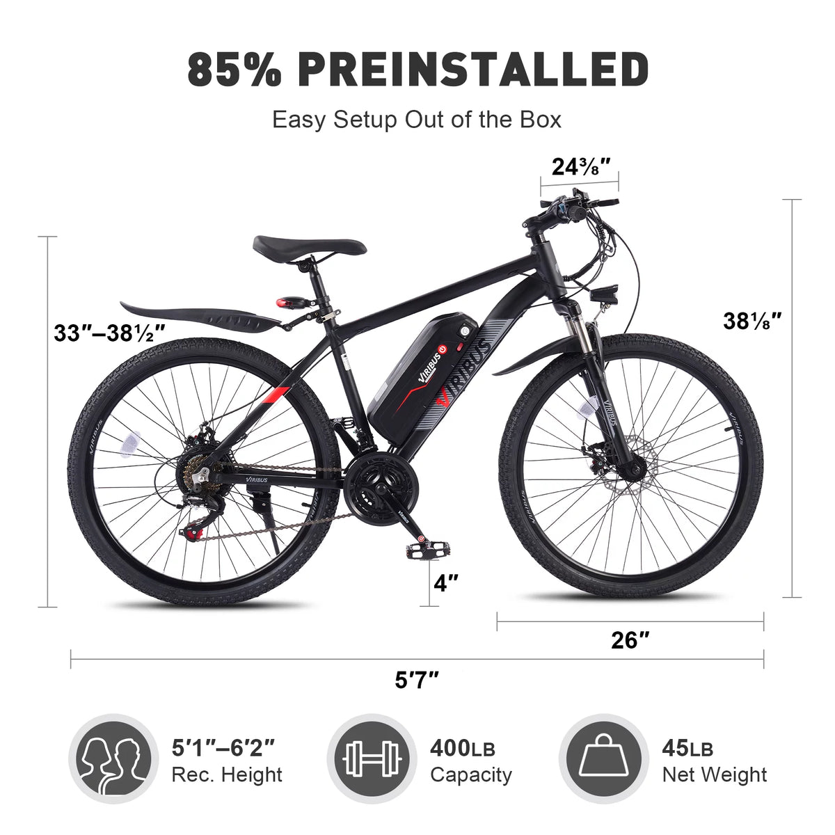 Electric Mountain Bicycle 26" 350W 48V Lithium Battery Black R2248