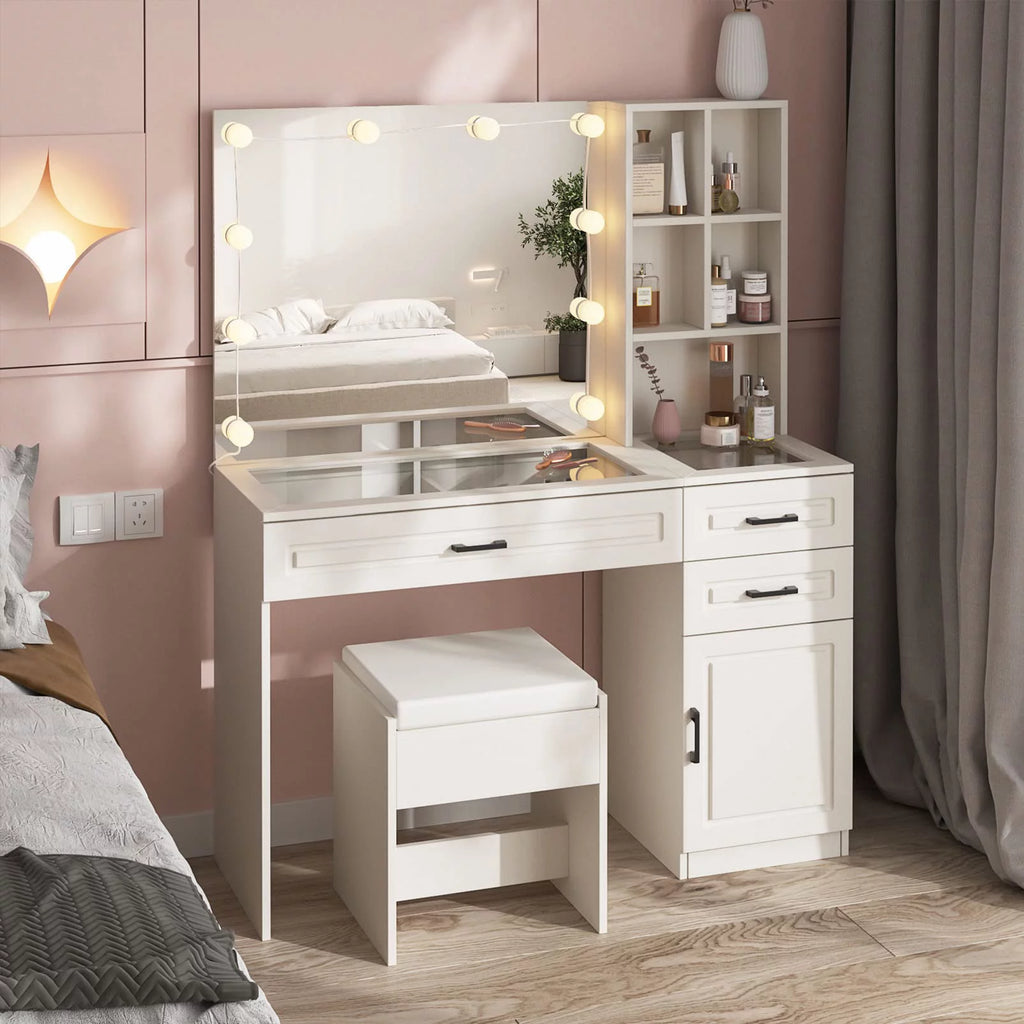 White 45in Vanity Desk Set with Lighted Mirror and Glass Desktop C835