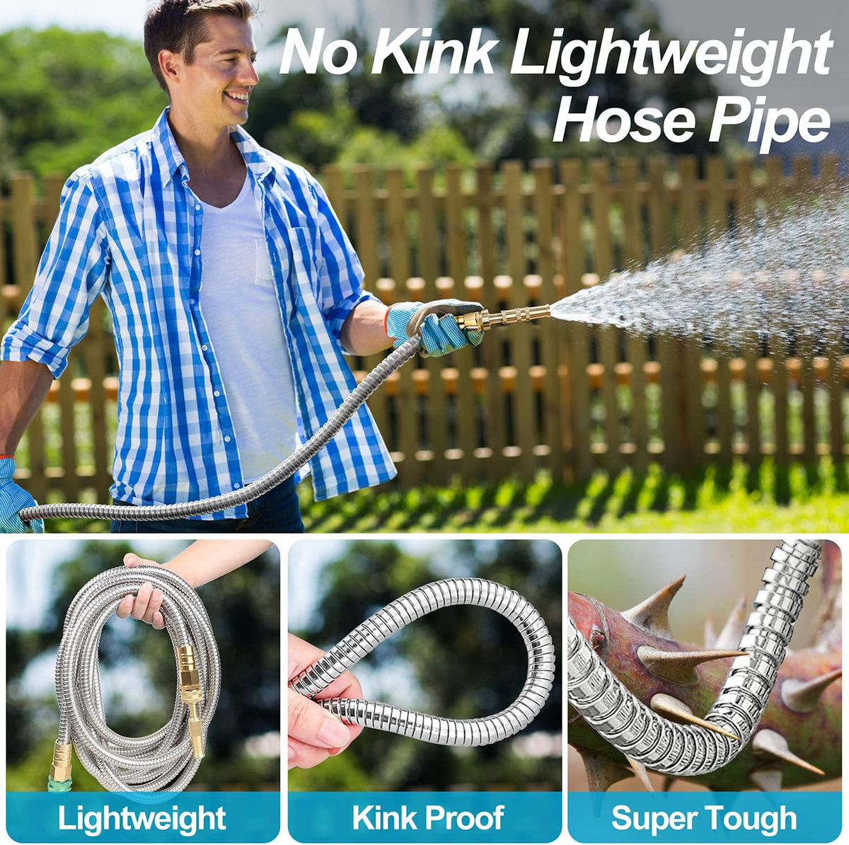 Steel Metal Garden Hose 100FT Heavy Duty Lightweight 304 Stainless Steel Water Hose with Brass Nozzle, Silver Pack of 2 R237