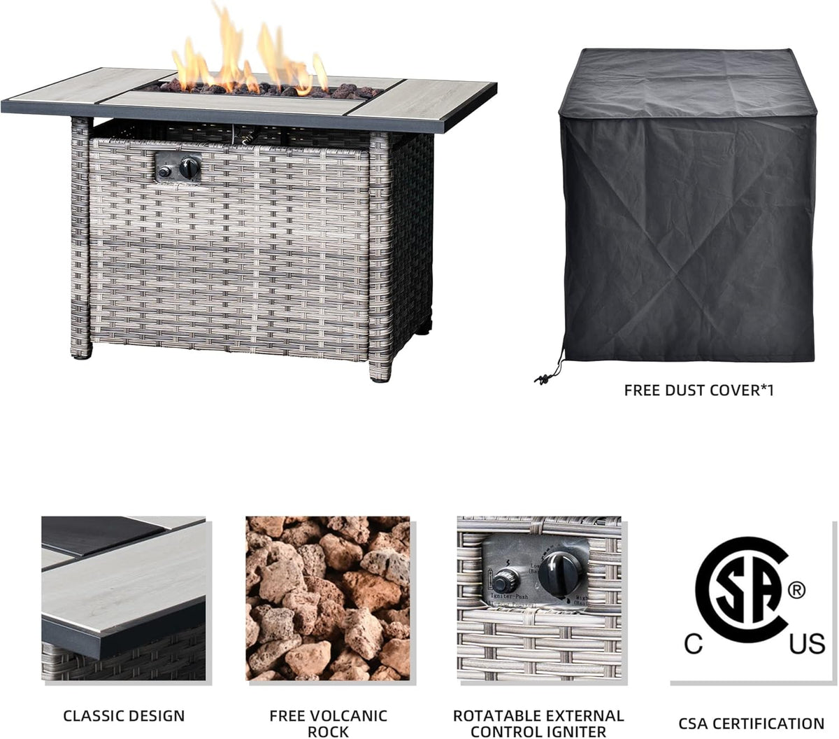 42 inch Outdoor Rectangle Propane Fire Pit Table with Lid, Grey Wicker L5314