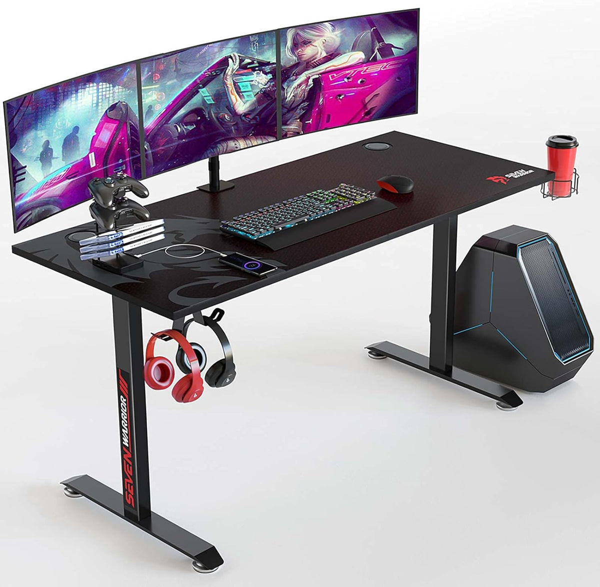 60 Inch Carbon Fiber Gaming Desk with Mouse Pad and Cup Holder M1883