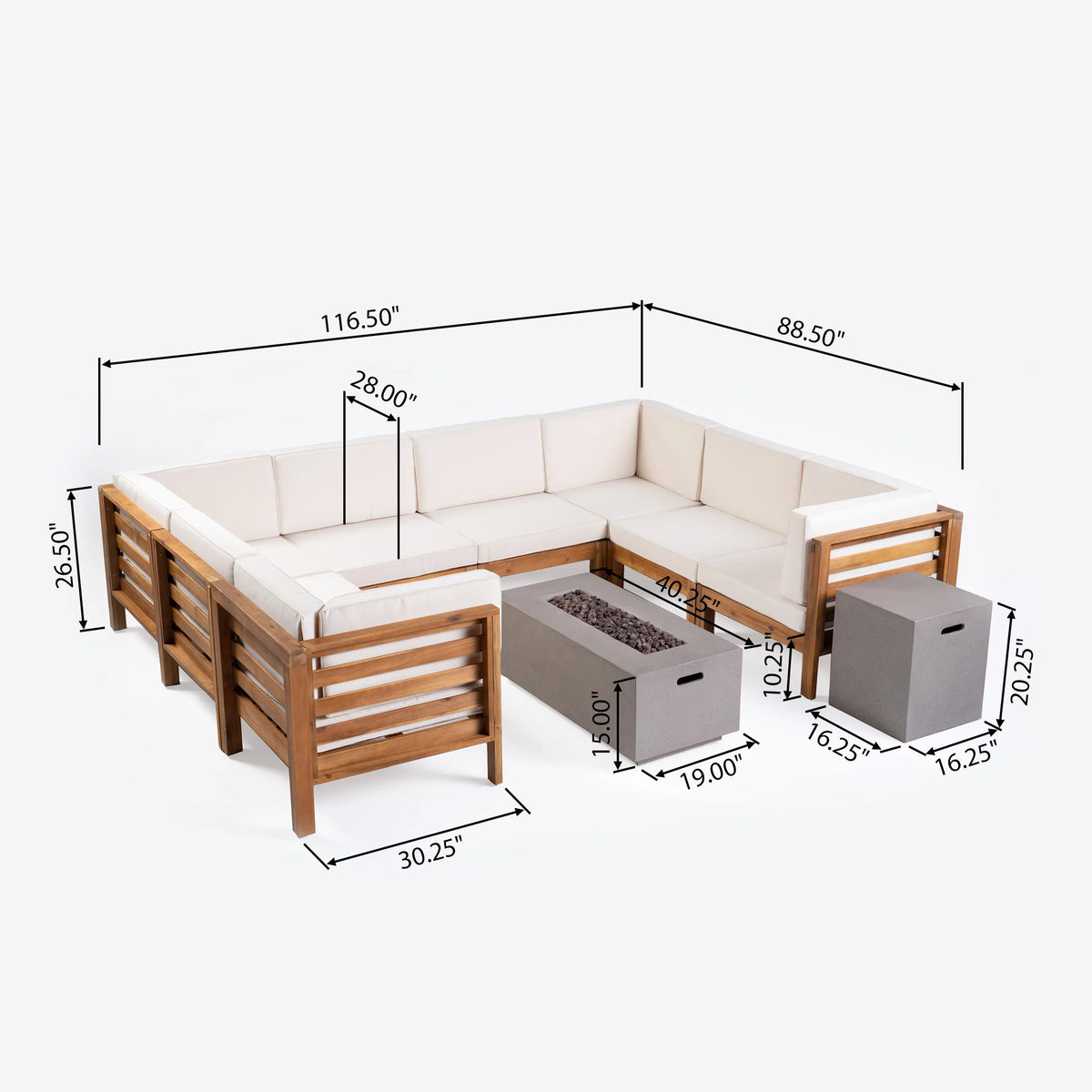 Acacia Wood 8 Seater Sectional Sofa Set with Fire Pit U998