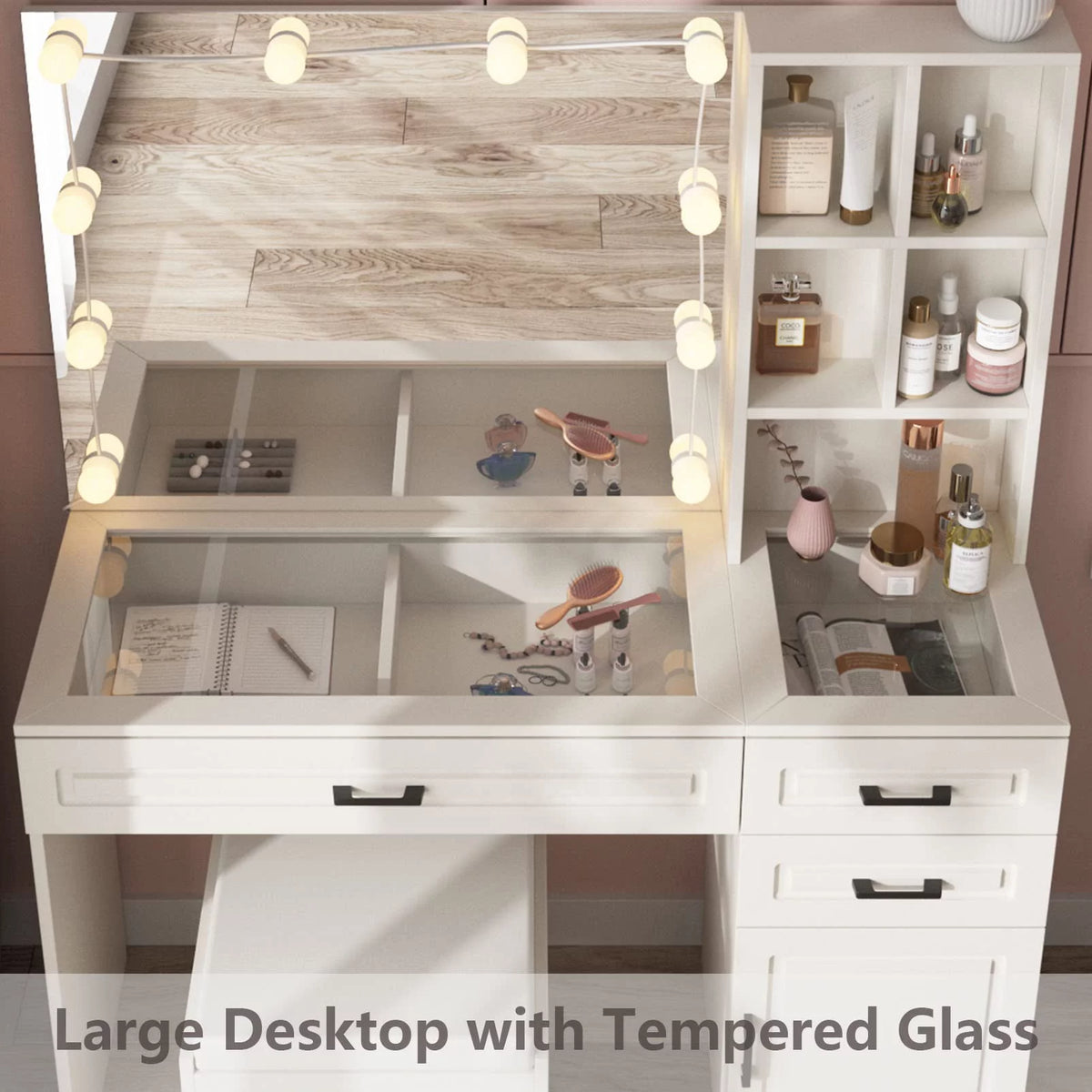 White 45in Vanity Desk Set with Lighted Mirror and Glass Desktop C835