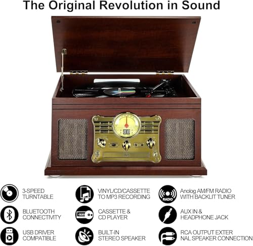 Mahogany Bluetooth Turntable with Speakers Z3813