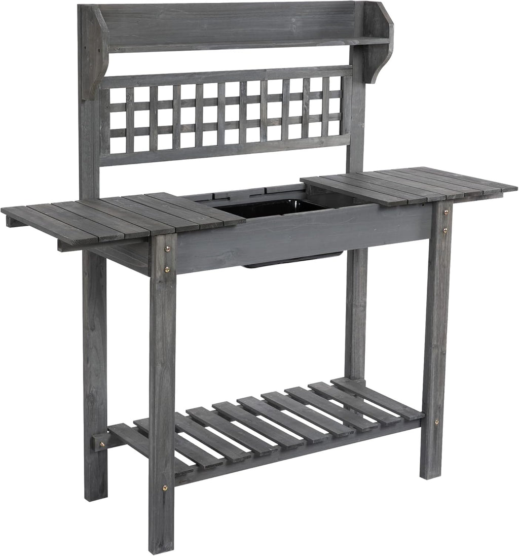 Brown Wooden Garden Potting Bench Work Table with Hidden Storage O898364
