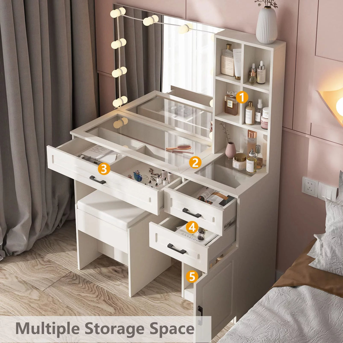 White 45in Vanity Desk Set with Lighted Mirror and Glass Desktop C835