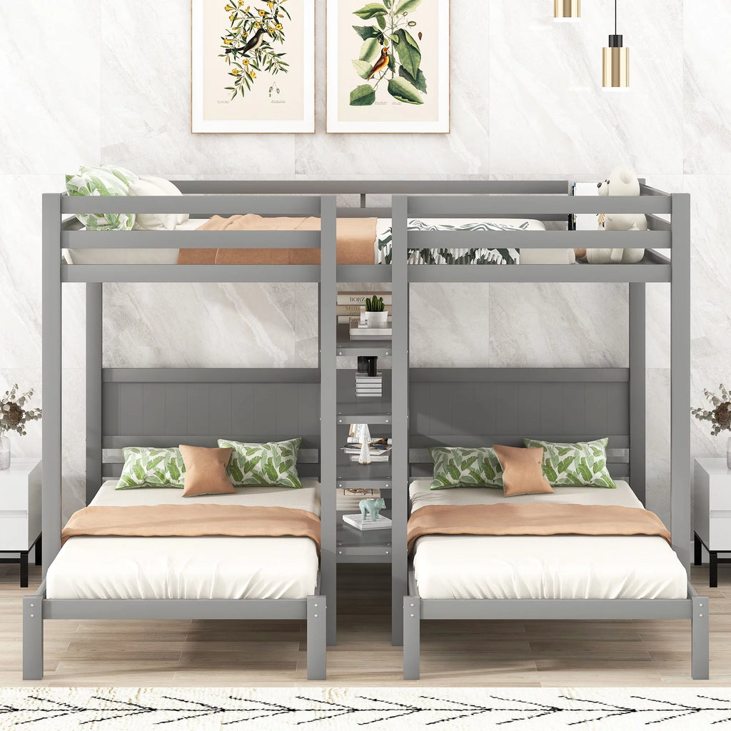 Full XL over Twin&Twin Bunk Bed with Shelves and Ladder Gray Q855999