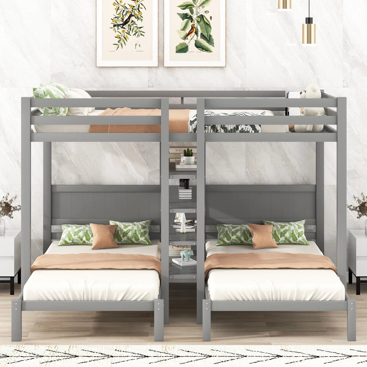 Full XL over Twin&Twin Bunk Bed with Shelves and Ladder Gray Q855999
