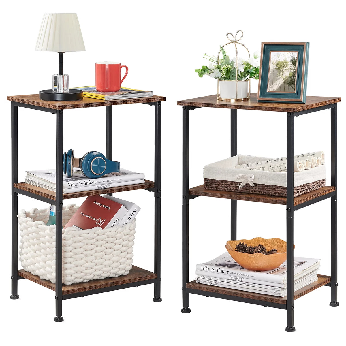 Small Side Table Set of 2, 3-Tier End Table Nightstand with Storage Shelf R70408